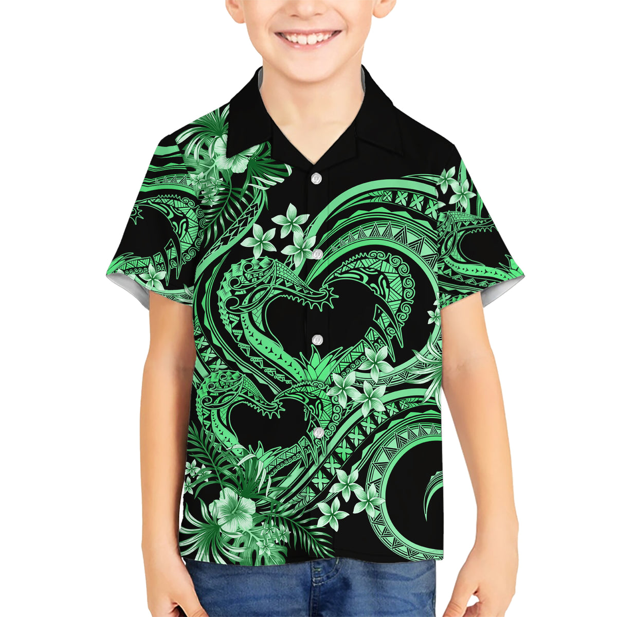 Polynesia Valentines Day Forever In My Heart Tattoo Kid Hawaiian Shirt Green Style LT9 Kid Green - Polynesian Pride