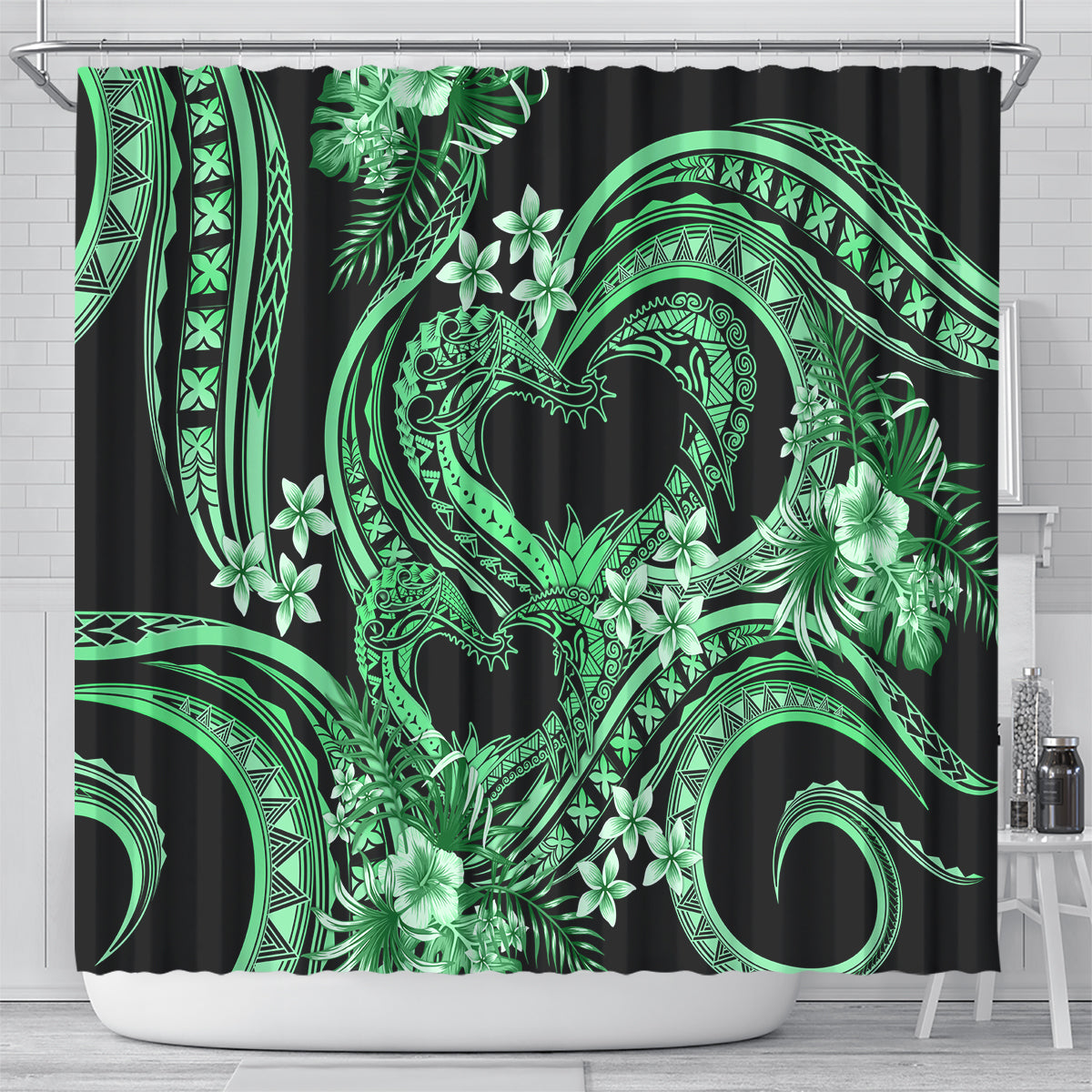 Polynesia Valentines Day Forever In My Heart Tattoo Shower Curtain Green Style LT9 - Polynesian Pride