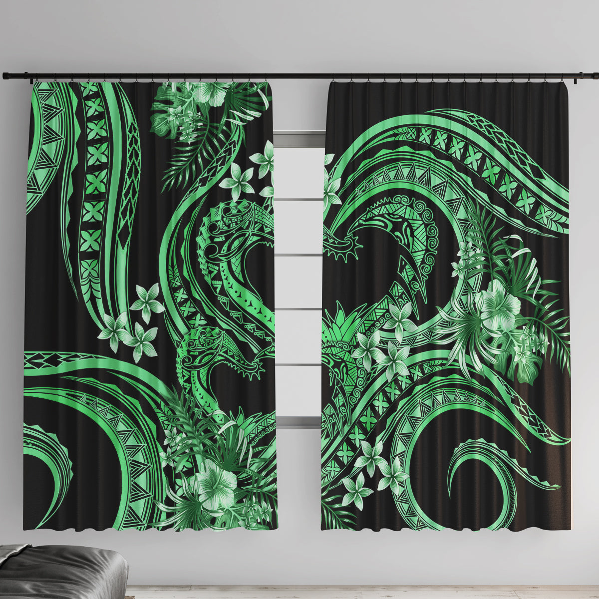 Polynesia Valentines Day Forever In My Heart Tattoo Window Curtain Green Style LT9 With Hooks Green - Polynesian Pride