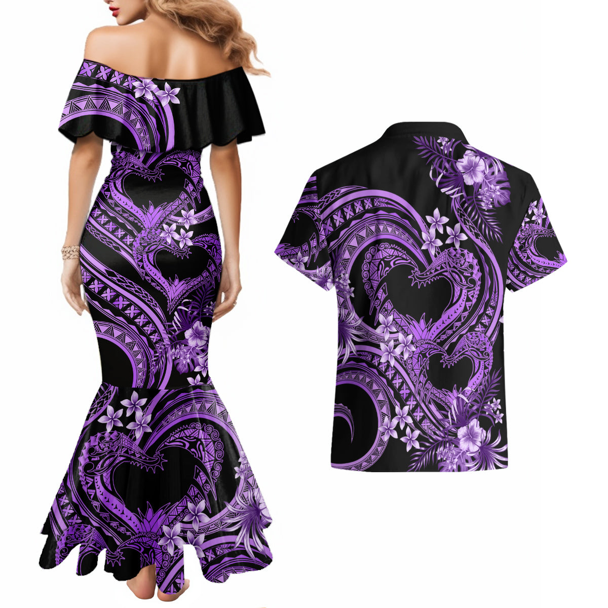 Polynesia Valentines Day Forever In My Heart Tattoo Couples Matching Mermaid Dress and Hawaiian Shirt Purple Style LT9 - Polynesian Pride