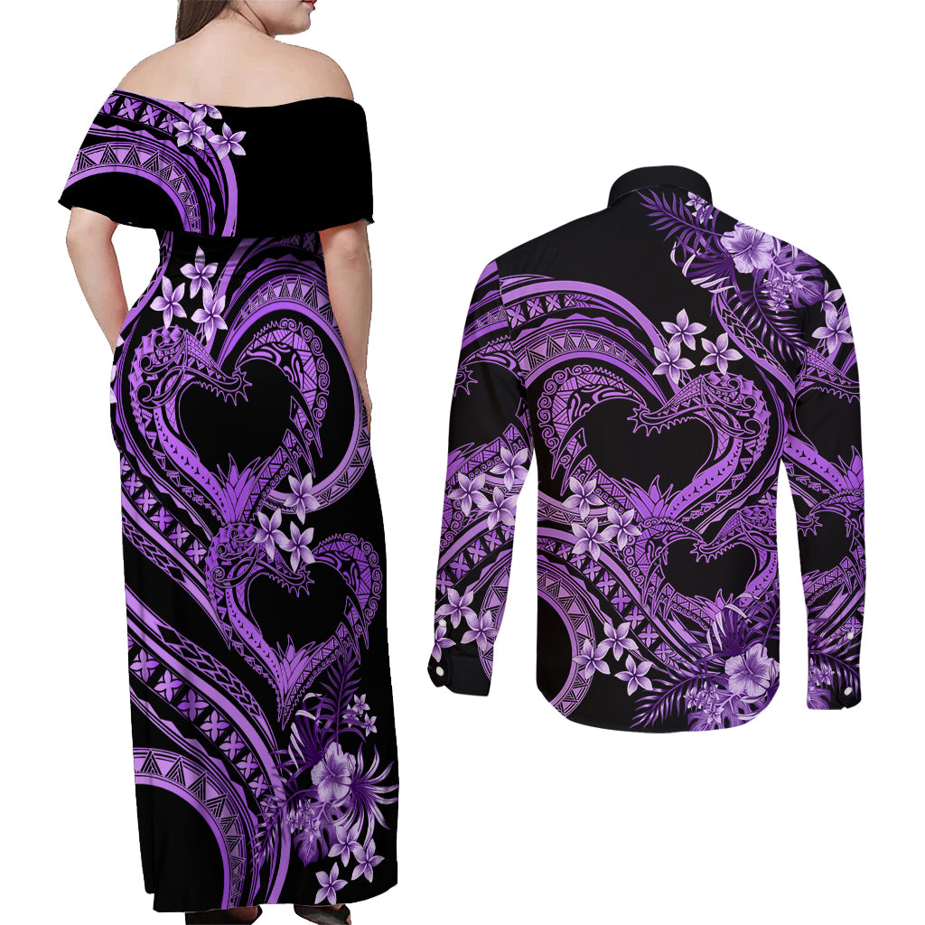 Polynesia Valentines Day Forever In My Heart Tattoo Couples Matching Off Shoulder Maxi Dress and Long Sleeve Button Shirt Purple Style LT9 - Polynesian Pride