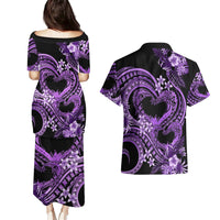 Polynesia Valentines Day Forever In My Heart Tattoo Couples Matching Puletasi and Hawaiian Shirt Purple Style LT9 - Polynesian Pride