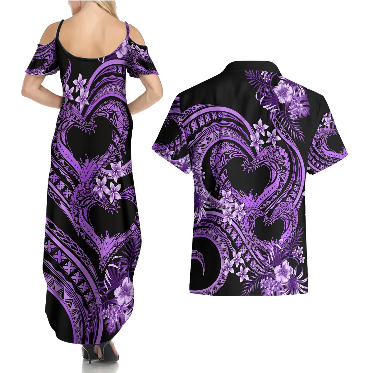 Polynesia Valentines Day Forever In My Heart Tattoo Couples Matching Summer Maxi Dress and Hawaiian Shirt Purple Style LT9 - Polynesian Pride