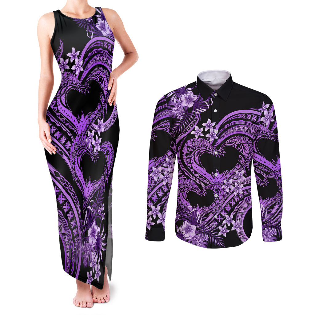 Polynesia Valentines Day Forever In My Heart Tattoo Couples Matching Tank Maxi Dress and Long Sleeve Button Shirt Purple Style LT9 Purple - Polynesian Pride