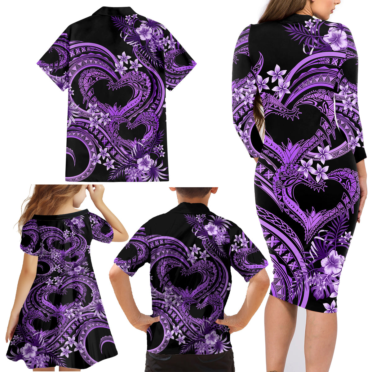 Polynesia Valentines Day Forever In My Heart Tattoo Family Matching Long Sleeve Bodycon Dress and Hawaiian Shirt Purple Style LT9 - Polynesian Pride