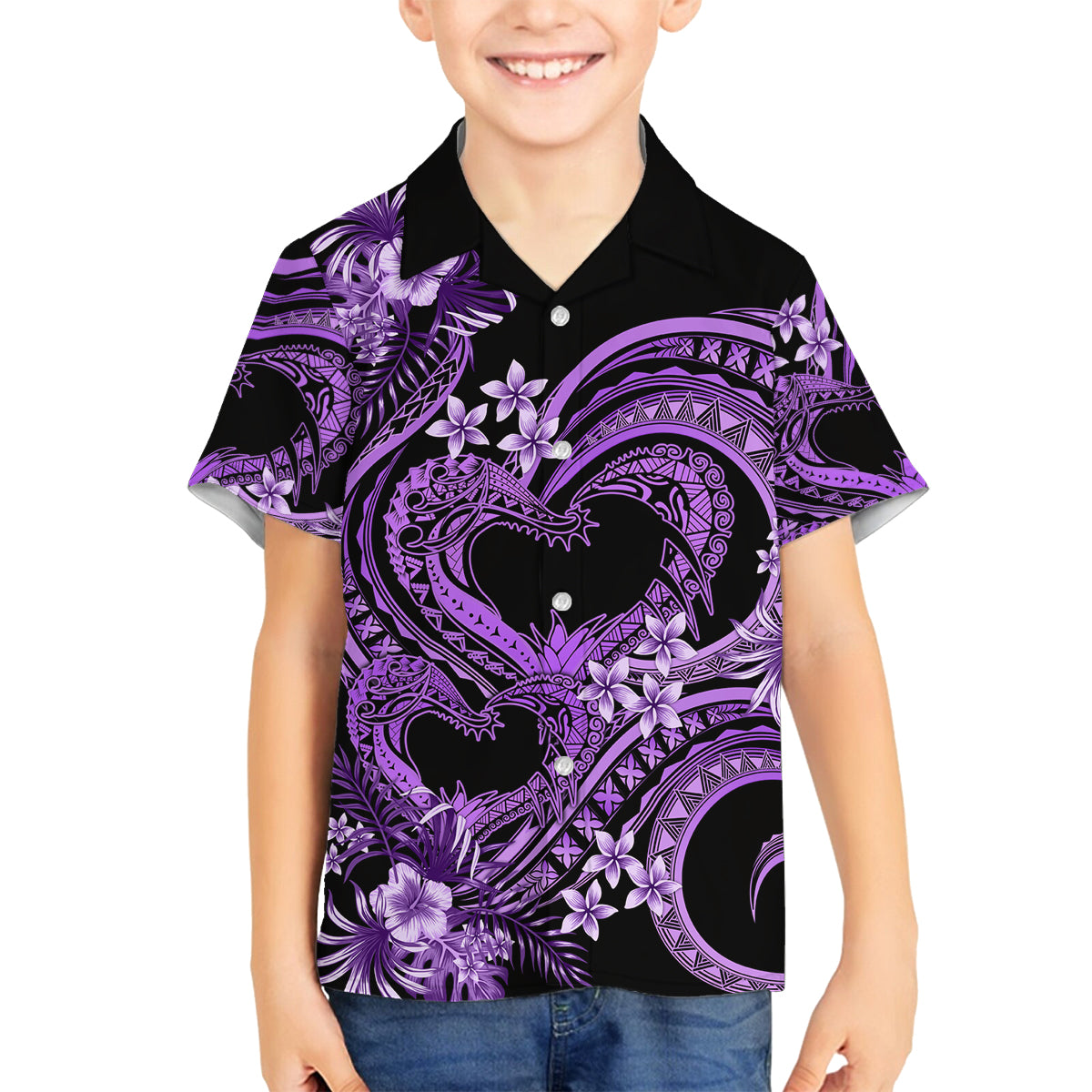 Polynesia Valentines Day Forever In My Heart Tattoo Family Matching Off Shoulder Long Sleeve Dress and Hawaiian Shirt Purple Style LT9 Son's Shirt Purple - Polynesian Pride