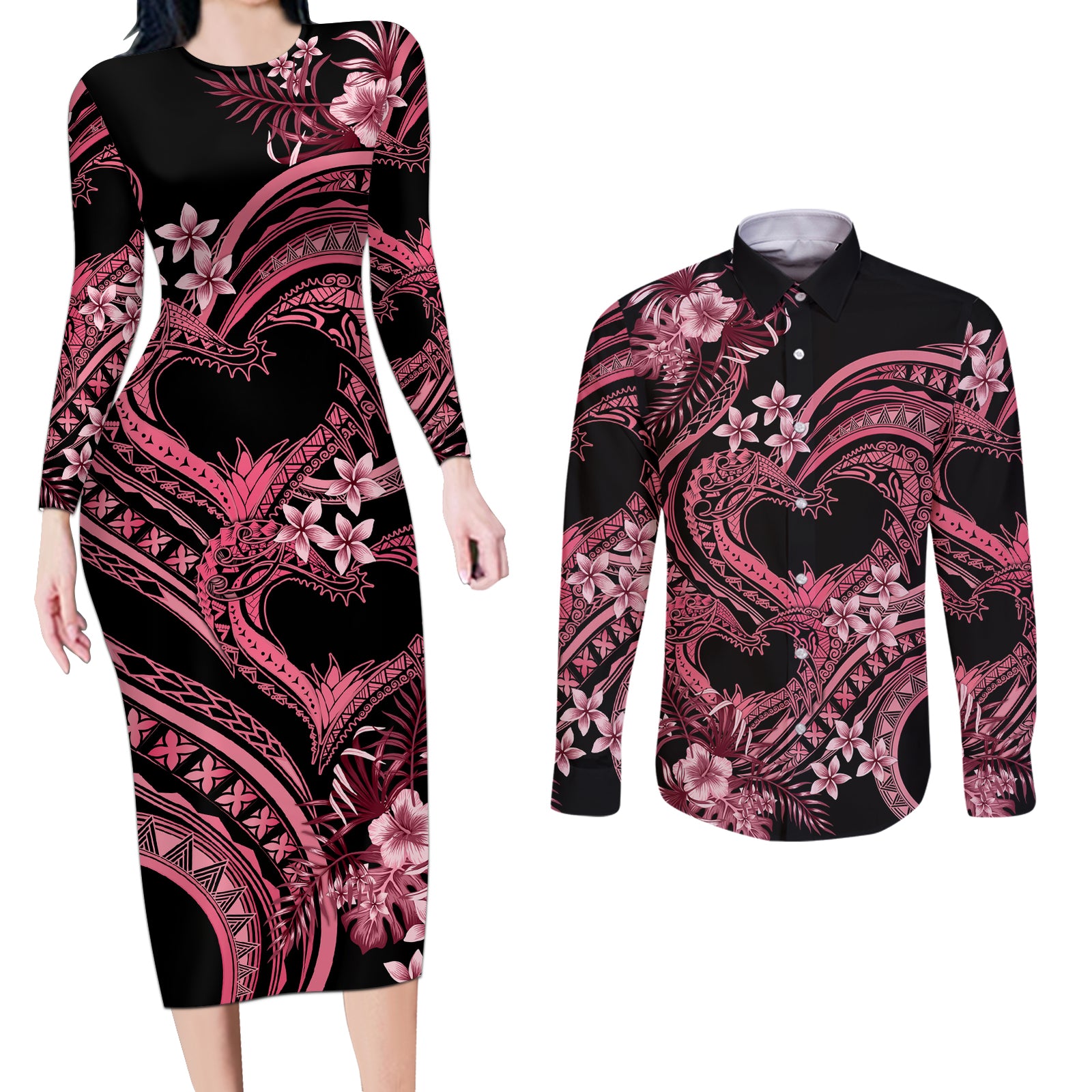 Polynesia Valentines Day Forever In My Heart Tattoo Couples Matching Long Sleeve Bodycon Dress and Long Sleeve Button Shirt Pink Style LT9 Pink - Polynesian Pride