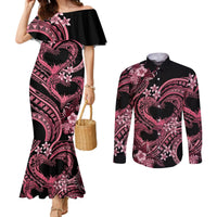 Polynesia Valentines Day Forever In My Heart Tattoo Couples Matching Mermaid Dress and Long Sleeve Button Shirt Pink Style LT9 Pink - Polynesian Pride