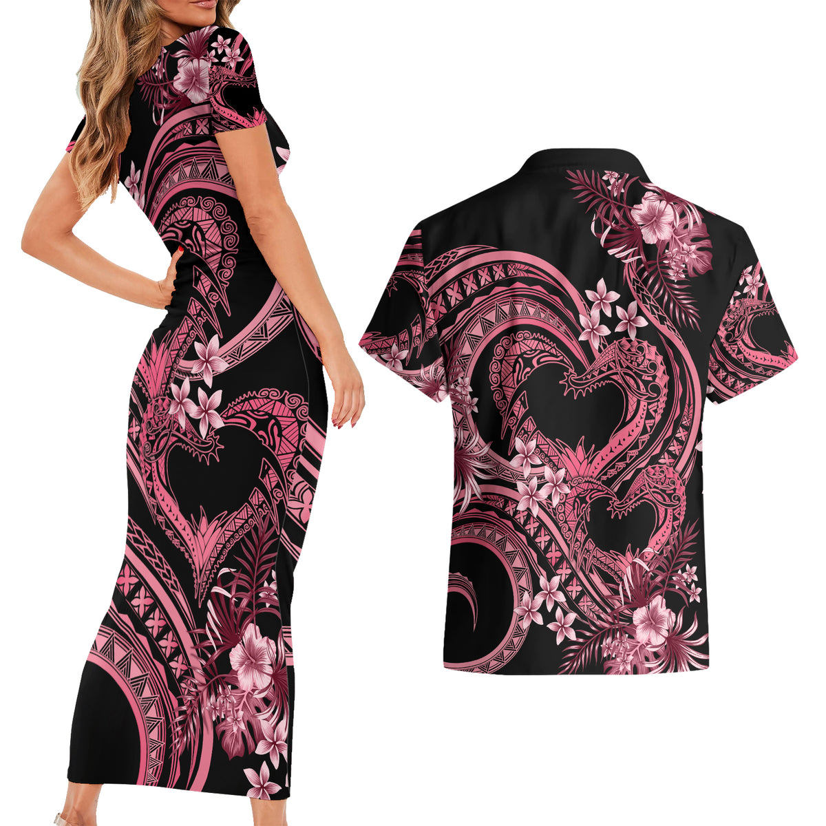 Polynesia Valentines Day Forever In My Heart Tattoo Couples Matching Short Sleeve Bodycon Dress and Hawaiian Shirt Pink Style LT9 - Polynesian Pride
