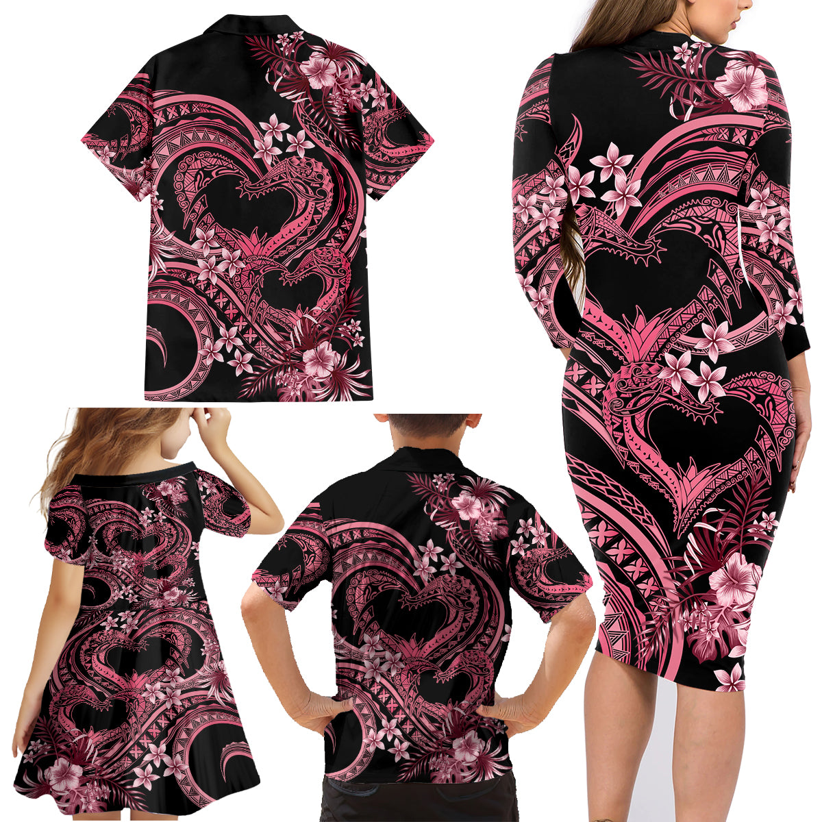 Polynesia Valentines Day Forever In My Heart Tattoo Family Matching Long Sleeve Bodycon Dress and Hawaiian Shirt Pink Style LT9 - Polynesian Pride