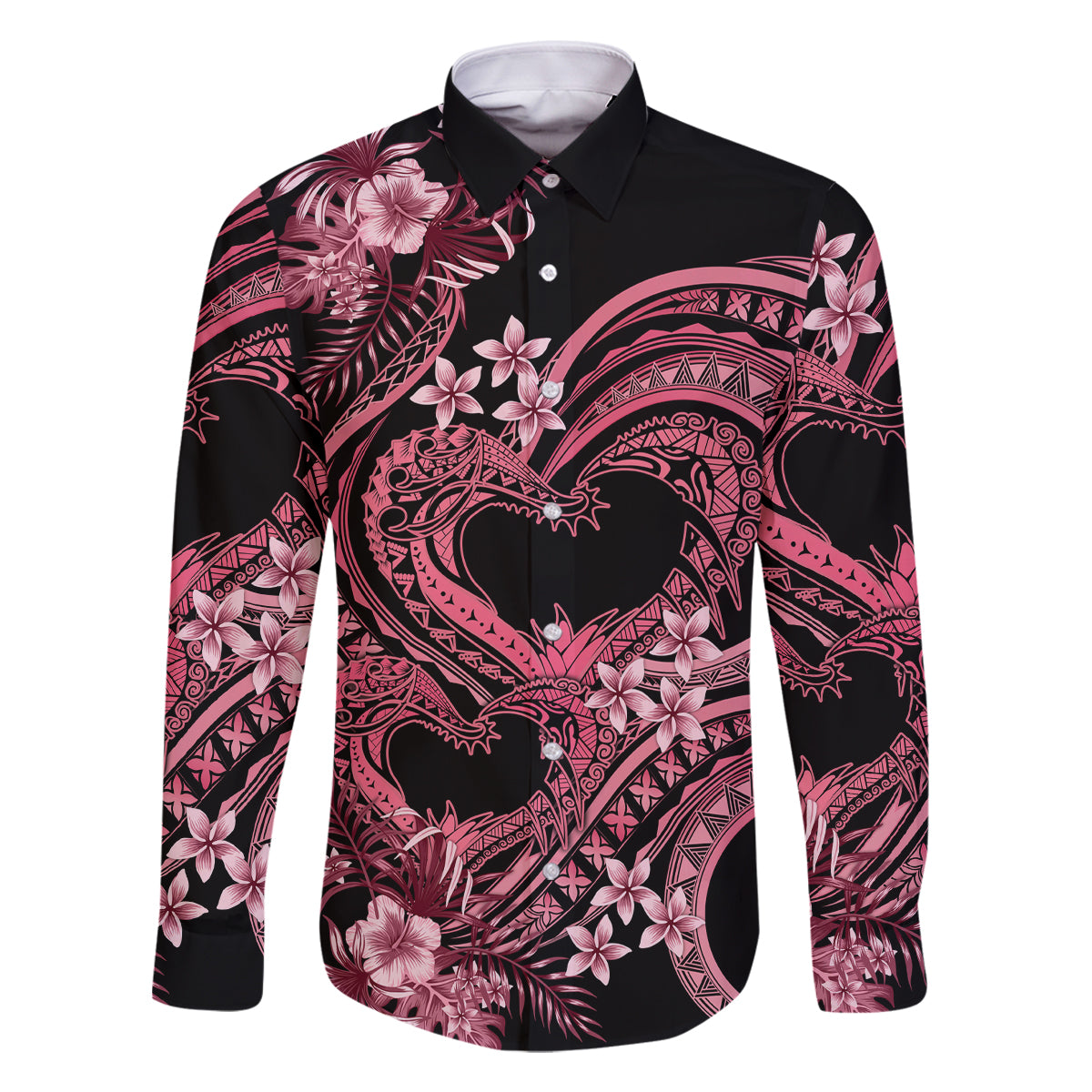 Polynesia Valentines Day Forever In My Heart Tattoo Family Matching Off Shoulder Long Sleeve Dress and Hawaiian Shirt Pink Style LT9 Dad's Shirt - Long Sleeve Pink - Polynesian Pride