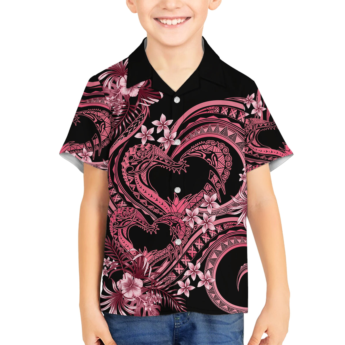 Polynesia Valentines Day Forever In My Heart Tattoo Family Matching Off Shoulder Maxi Dress and Hawaiian Shirt Pink Style LT9 Son's Shirt Pink - Polynesian Pride