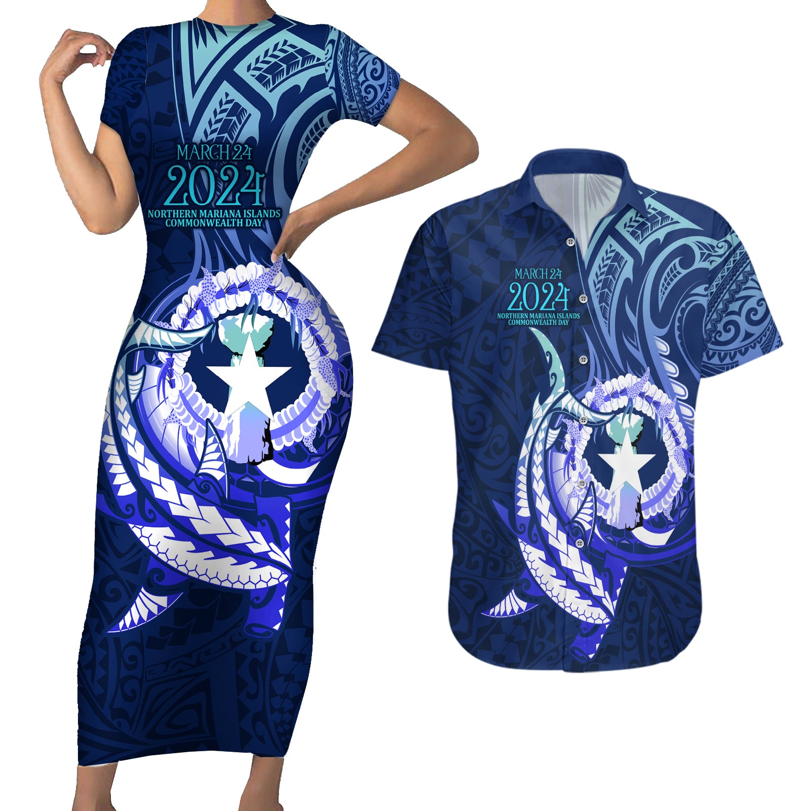 Personalised Northern Mariana Islands Couples Matching Short Sleeve Bodycon Dress and Hawaiian Shirt Commonwealth Day 2024 LT9 Ocean Blue - Polynesian Pride