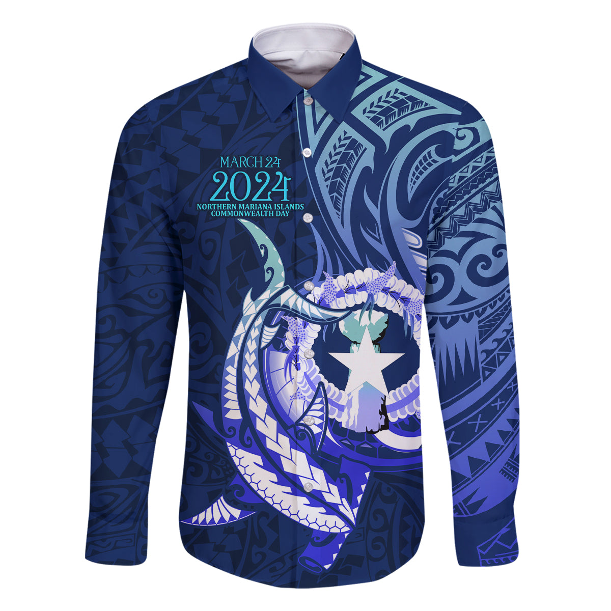 Personalised Northern Mariana Islands Family Matching Tank Maxi Dress and Hawaiian Shirt Commonwealth Day 2024 LT9 Dad's Shirt - Long Sleeve Ocean Blue - Polynesian Pride