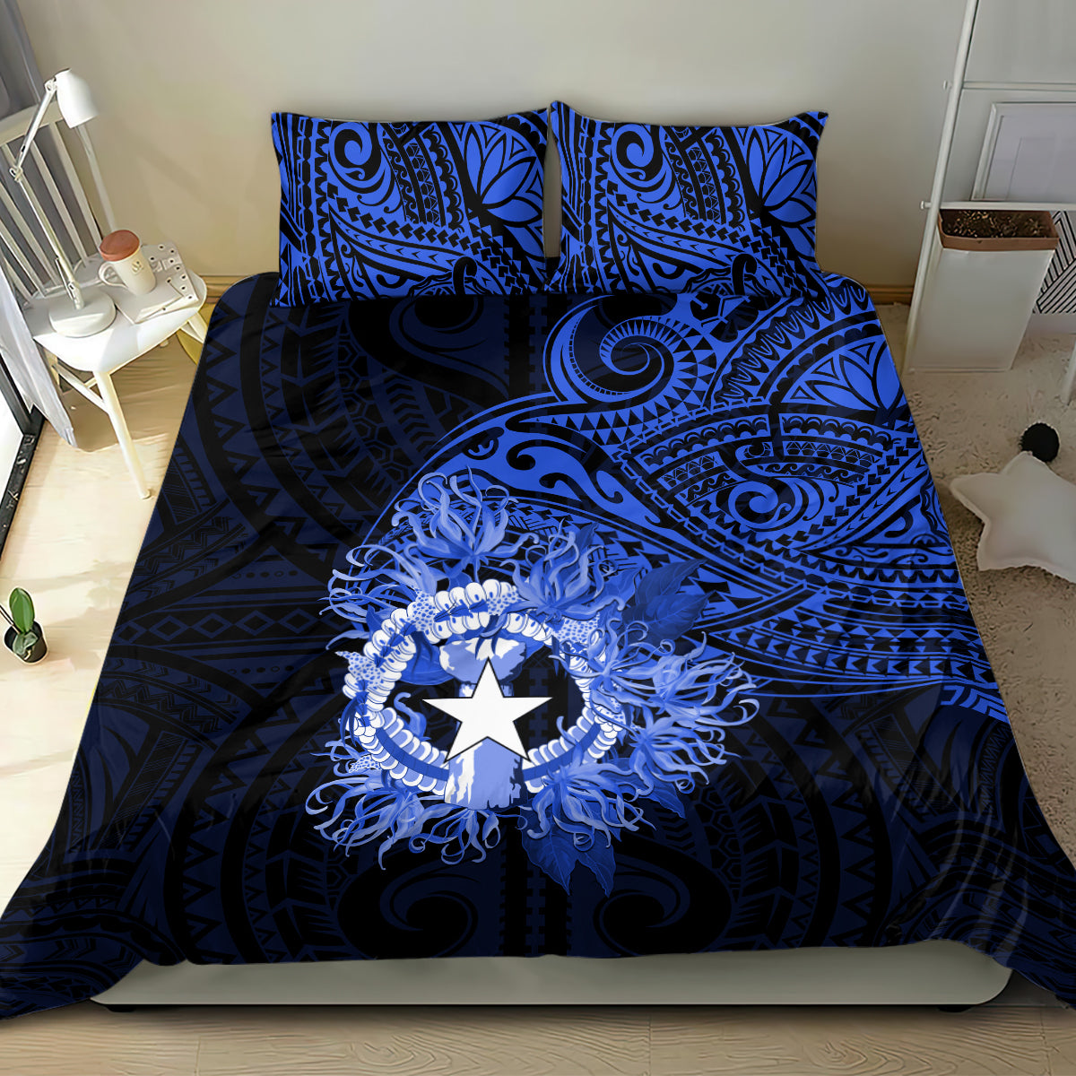 Northern Mariana Islands Ylang-ylang Mwarmwar Bedding Set Polynesian Blue Style LT9 - Polynesian Pride