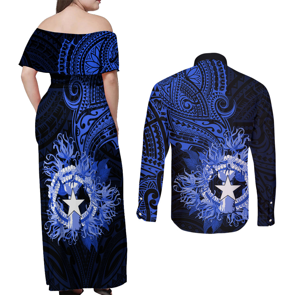 Northern Mariana Islands Ylang-ylang Mwarmwar Couples Matching Off Shoulder Maxi Dress and Long Sleeve Button Shirt Polynesian Blue Style LT9 - Polynesian Pride