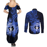 Northern Mariana Islands Ylang-ylang Mwarmwar Couples Matching Summer Maxi Dress and Long Sleeve Button Shirt Polynesian Blue Style LT9 - Polynesian Pride