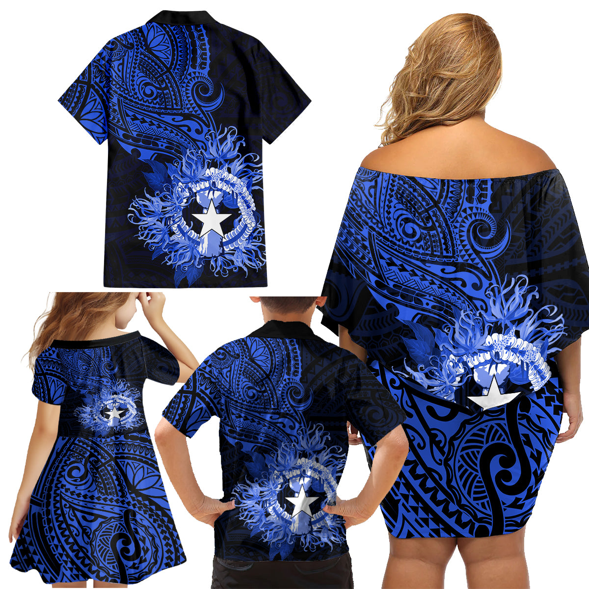 Northern Mariana Islands Ylang-ylang Mwarmwar Family Matching Off Shoulder Short Dress and Hawaiian Shirt Polynesian Blue Style LT9 - Polynesian Pride