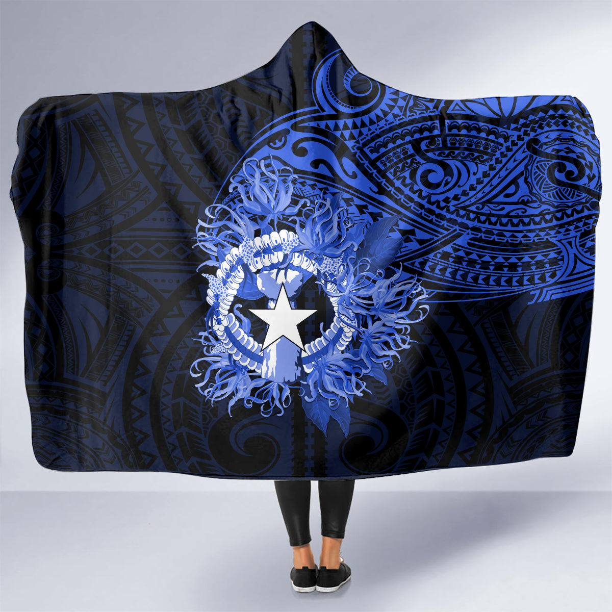 Northern Mariana Islands Ylang-ylang Mwarmwar Hooded Blanket Polynesian Blue Style