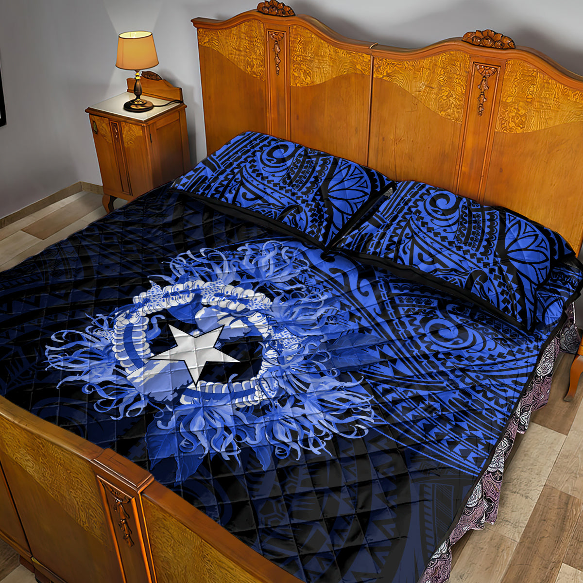 Northern Mariana Islands Ylang-ylang Mwarmwar Quilt Bed Set Polynesian Blue Style