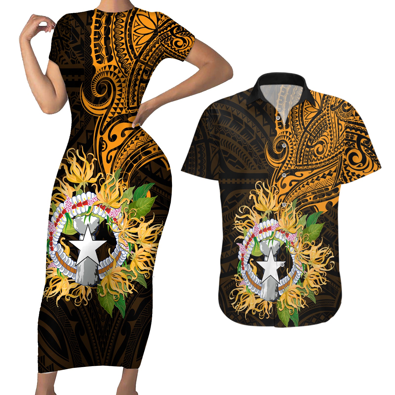 Northern Mariana Islands Ylang-ylang Mwarmwar Couples Matching Short Sleeve Bodycon Dress and Hawaiian Shirt Polynesian Gold Style LT9 Gold - Polynesian Pride