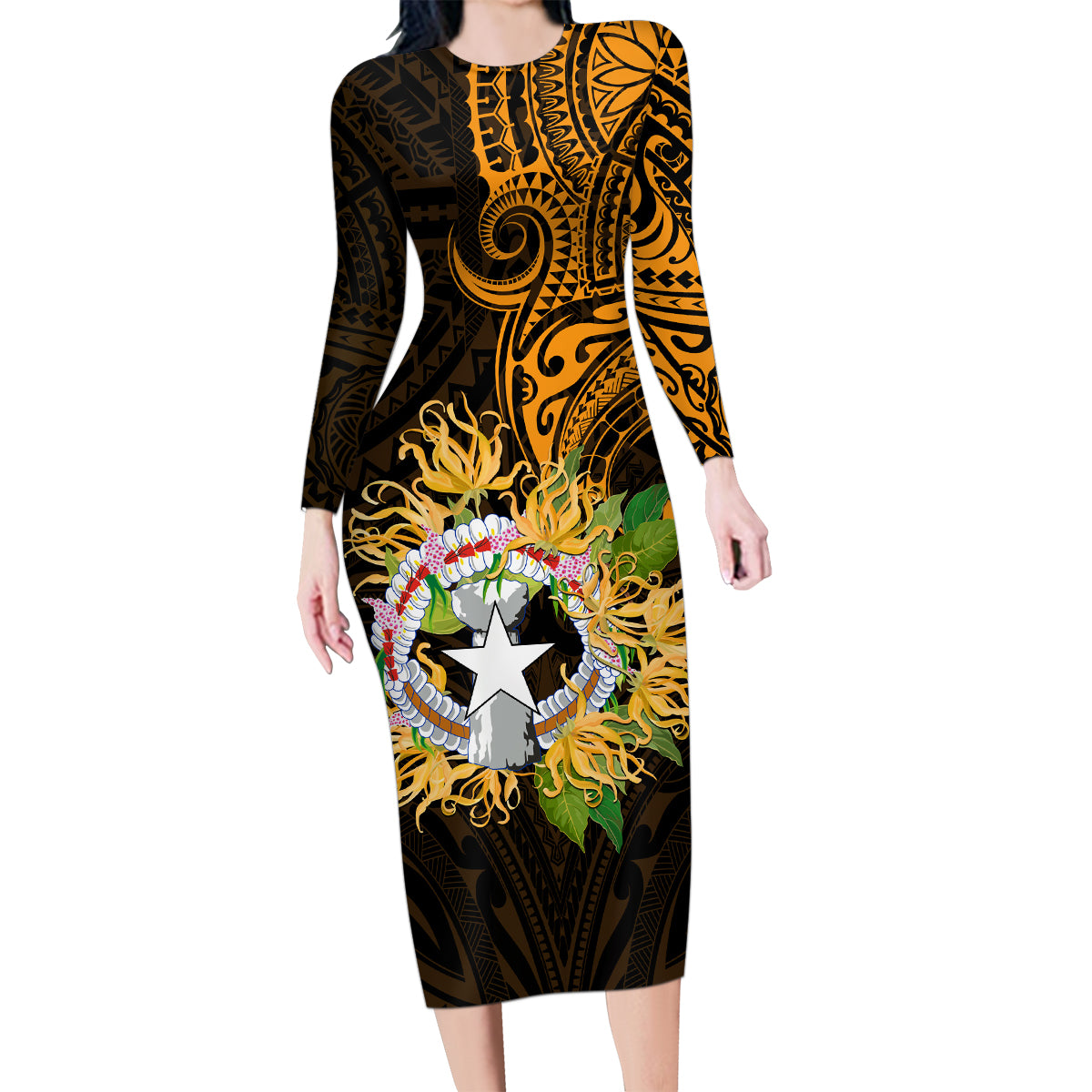 Northern Mariana Islands Ylang-ylang Mwarmwar Family Matching Long Sleeve Bodycon Dress and Hawaiian Shirt Polynesian Gold Style LT9 Mom's Dress Gold - Polynesian Pride