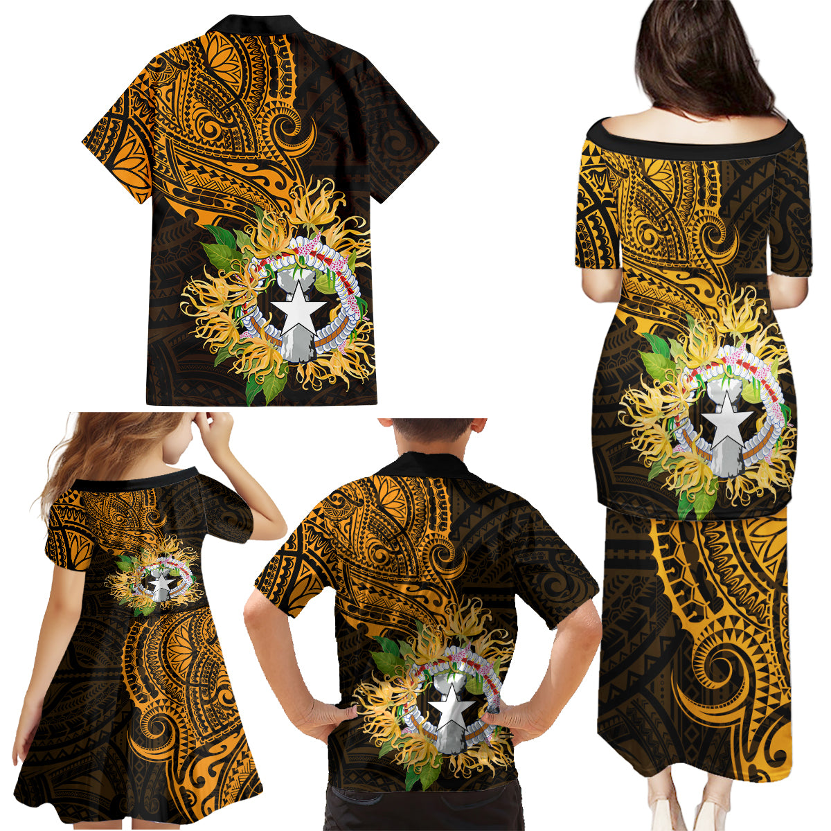 Northern Mariana Islands Ylang-ylang Mwarmwar Family Matching Puletasi and Hawaiian Shirt Polynesian Gold Style LT9 - Polynesian Pride
