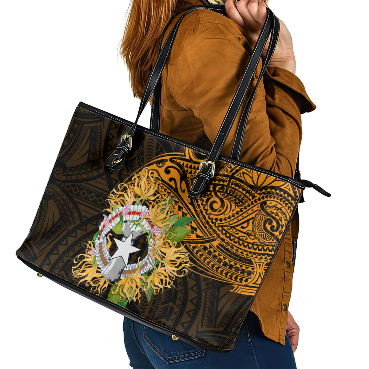 Northern Mariana Islands Ylang-ylang Mwarmwar Leather Tote Bag Polynesian Gold Style