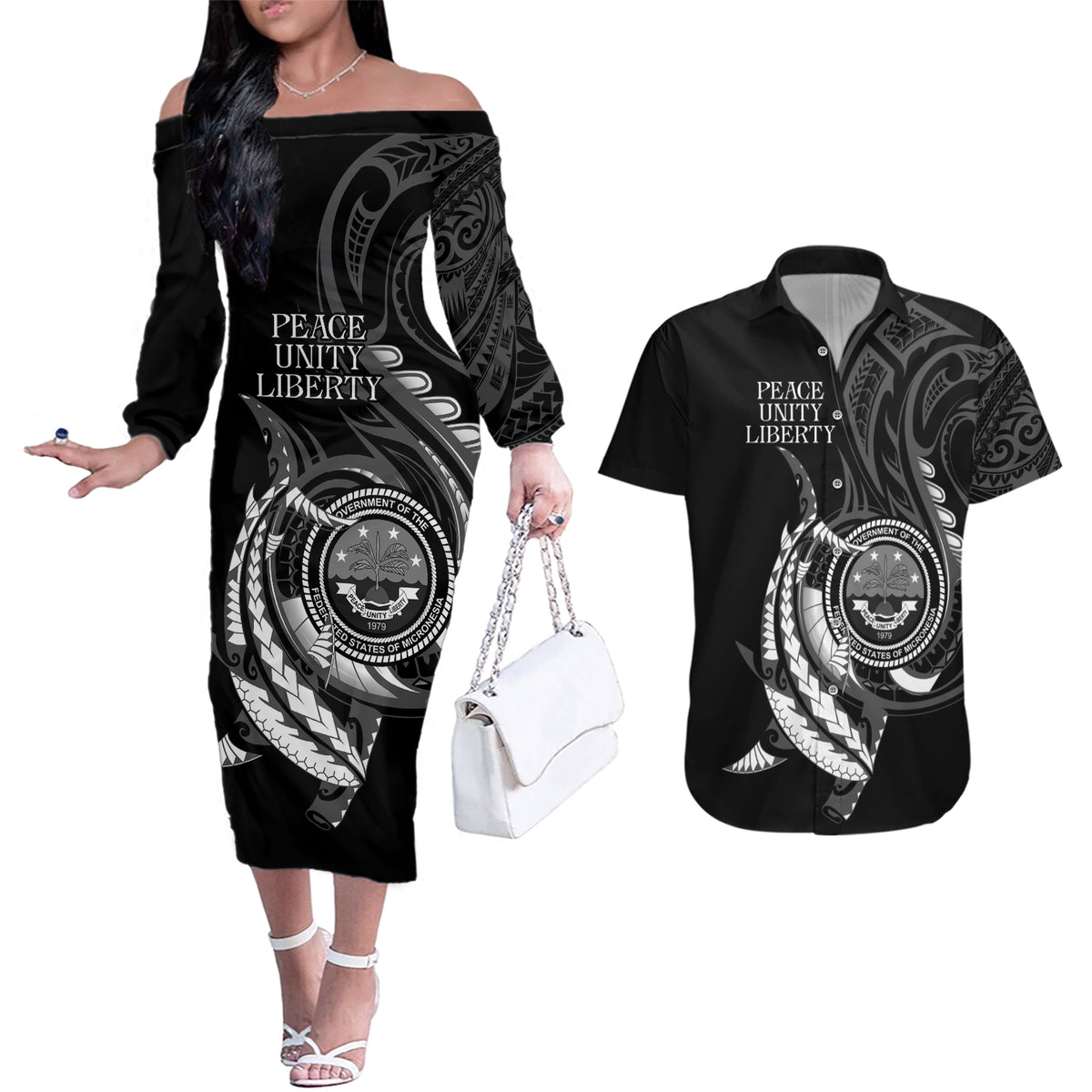 Personalised FSM Culture Day Couples Matching Off The Shoulder Long Sleeve Dress and Hawaiian Shirt Hammerhead Shark Tribal 2024 LT9 Black - Polynesian Pride