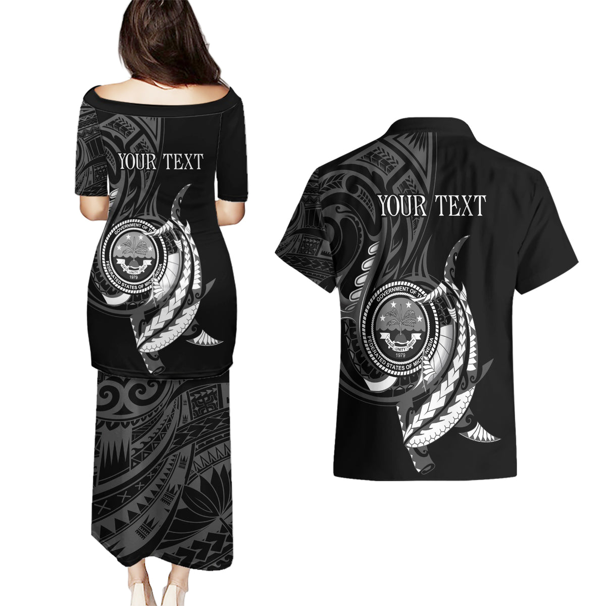 Personalised FSM Culture Day Couples Matching Puletasi and Hawaiian Shirt Hammerhead Shark Tribal 2024 LT9 - Polynesian Pride