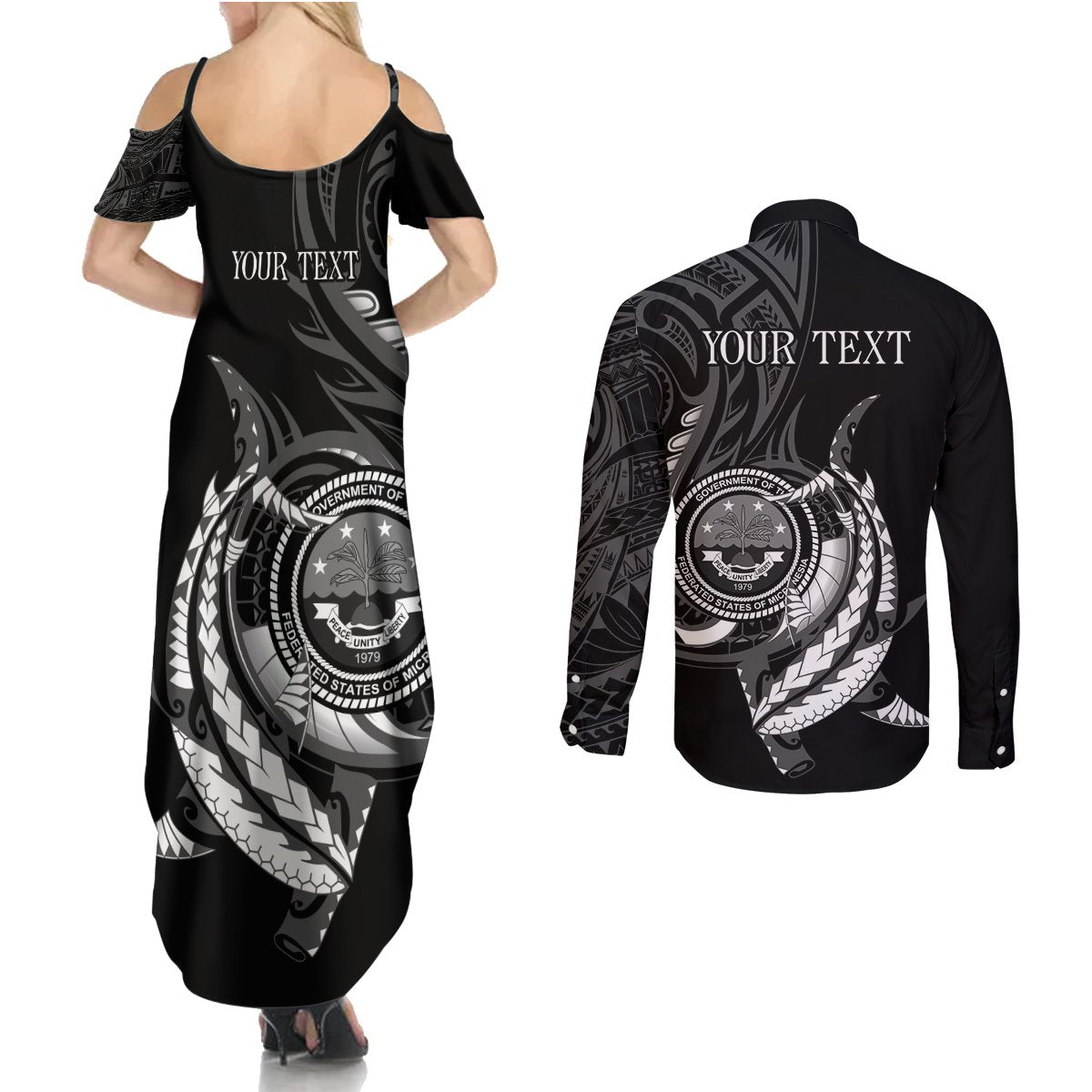 Personalised FSM Culture Day Couples Matching Summer Maxi Dress and Long Sleeve Button Shirt Hammerhead Shark Tribal 2024 LT9 - Polynesian Pride
