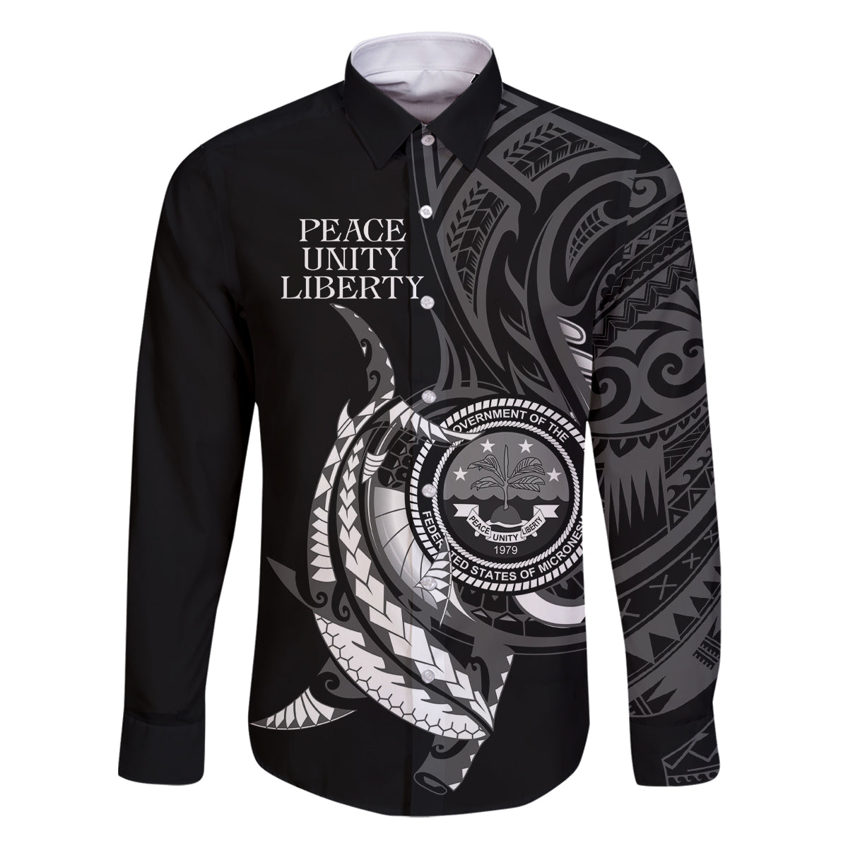 Personalised FSM Culture Day Family Matching Off Shoulder Long Sleeve Dress and Hawaiian Shirt Hammerhead Shark Tribal 2024 LT9 Dad's Shirt - Long Sleeve Black - Polynesian Pride
