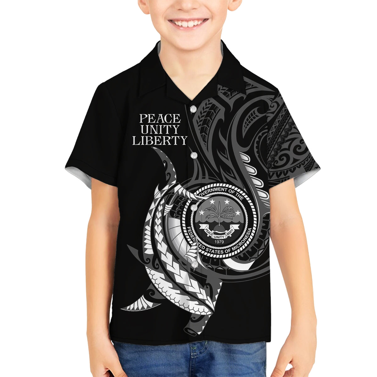 Personalised FSM Culture Day Family Matching Summer Maxi Dress and Hawaiian Shirt Hammerhead Shark Tribal 2024 LT9 Son's Shirt Black - Polynesian Pride