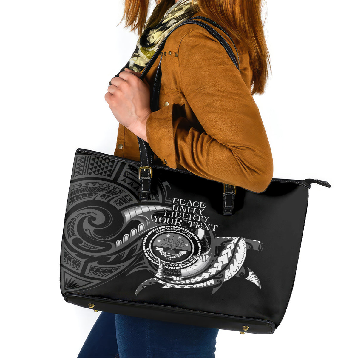 Personalised FSM Culture Day Leather Tote Bag Hammerhead Shark Tribal 2024 LT9 Black - Polynesian Pride