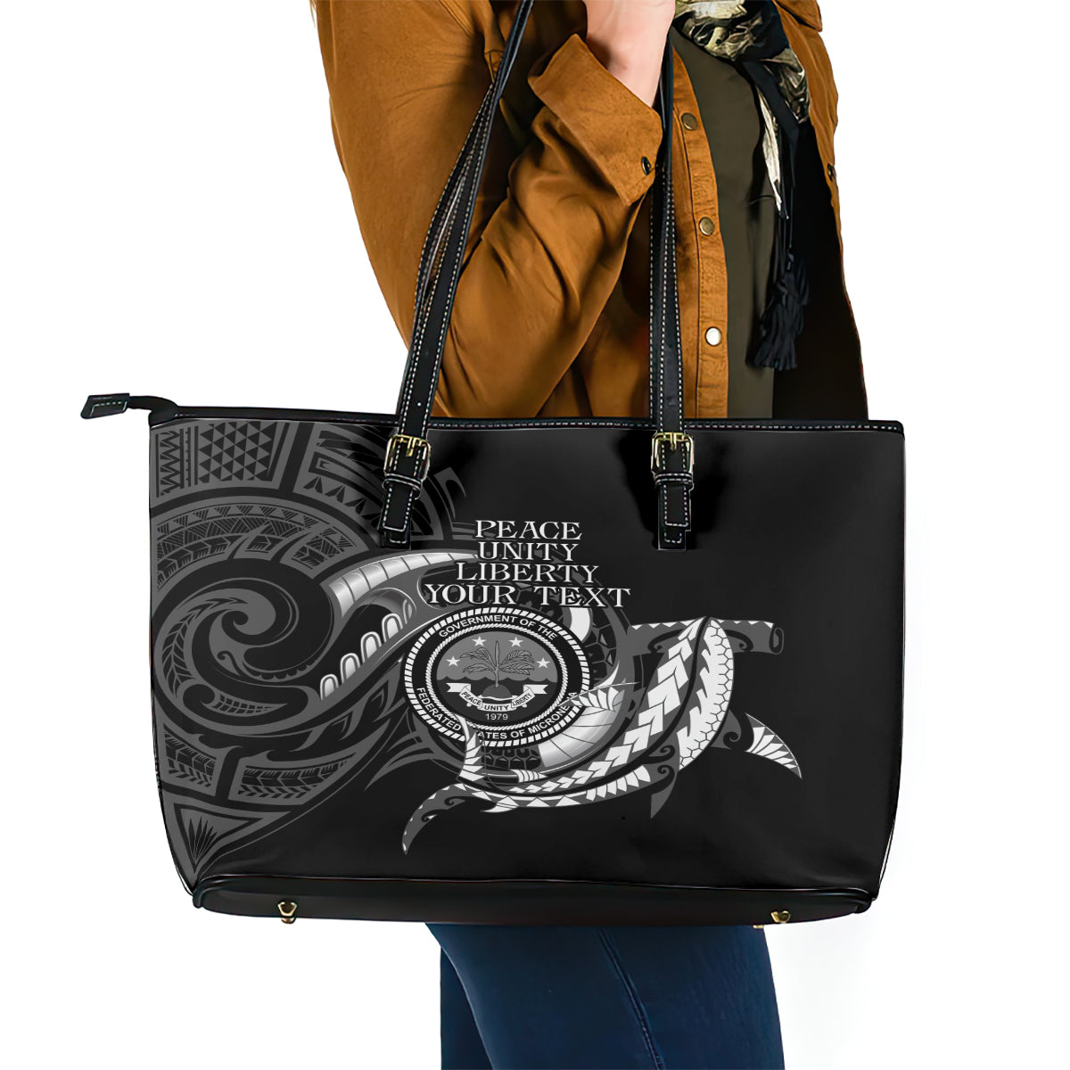 Personalised FSM Culture Day Leather Tote Bag Hammerhead Shark Tribal 2024 LT9 - Polynesian Pride