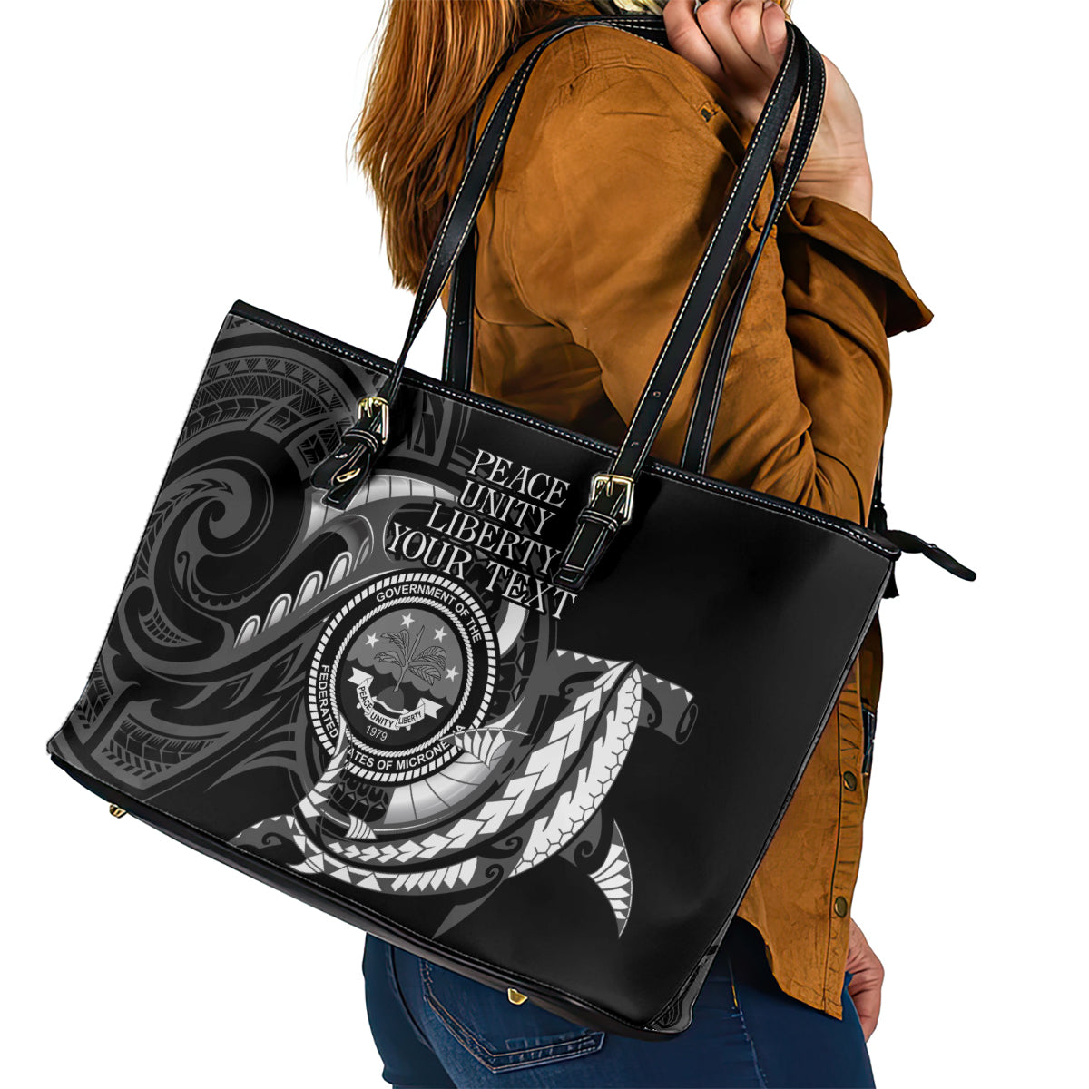 Personalised FSM Culture Day Leather Tote Bag Hammerhead Shark Tribal 2024 LT9 - Polynesian Pride