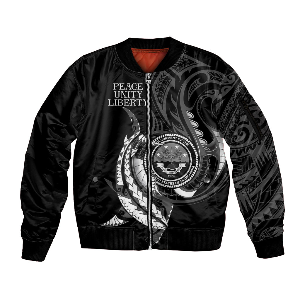 Personalised FSM Culture Day Sleeve Zip Bomber Jacket Hammerhead Shark Tribal 2024 LT9 Unisex Black - Polynesian Pride
