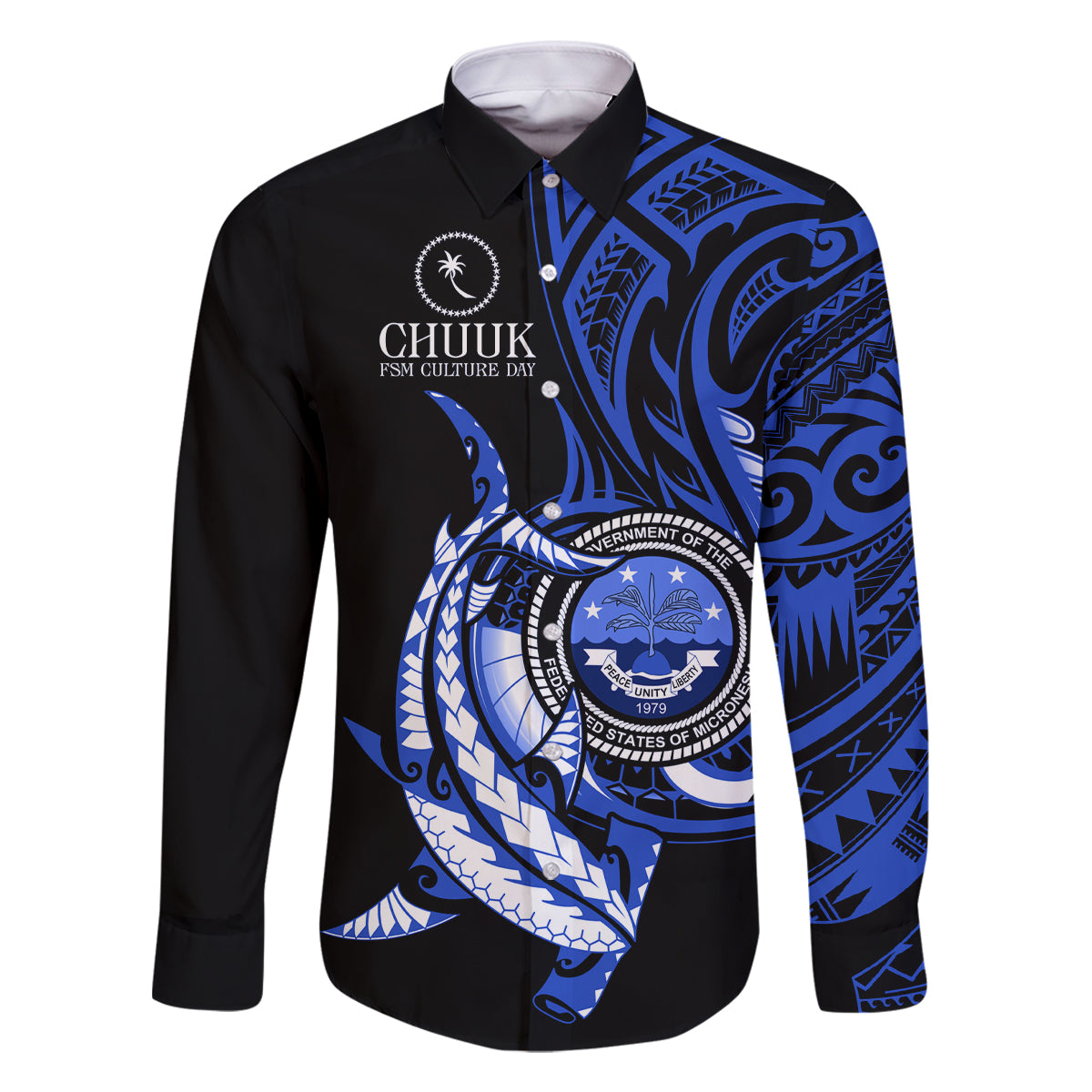 Personalised Chuuk FSM Culture Day Family Matching Long Sleeve Bodycon Dress and Hawaiian Shirt Hammerhead Shark Tattoo 2024 LT9 Dad's Shirt - Long Sleeve Blue - Polynesian Pride