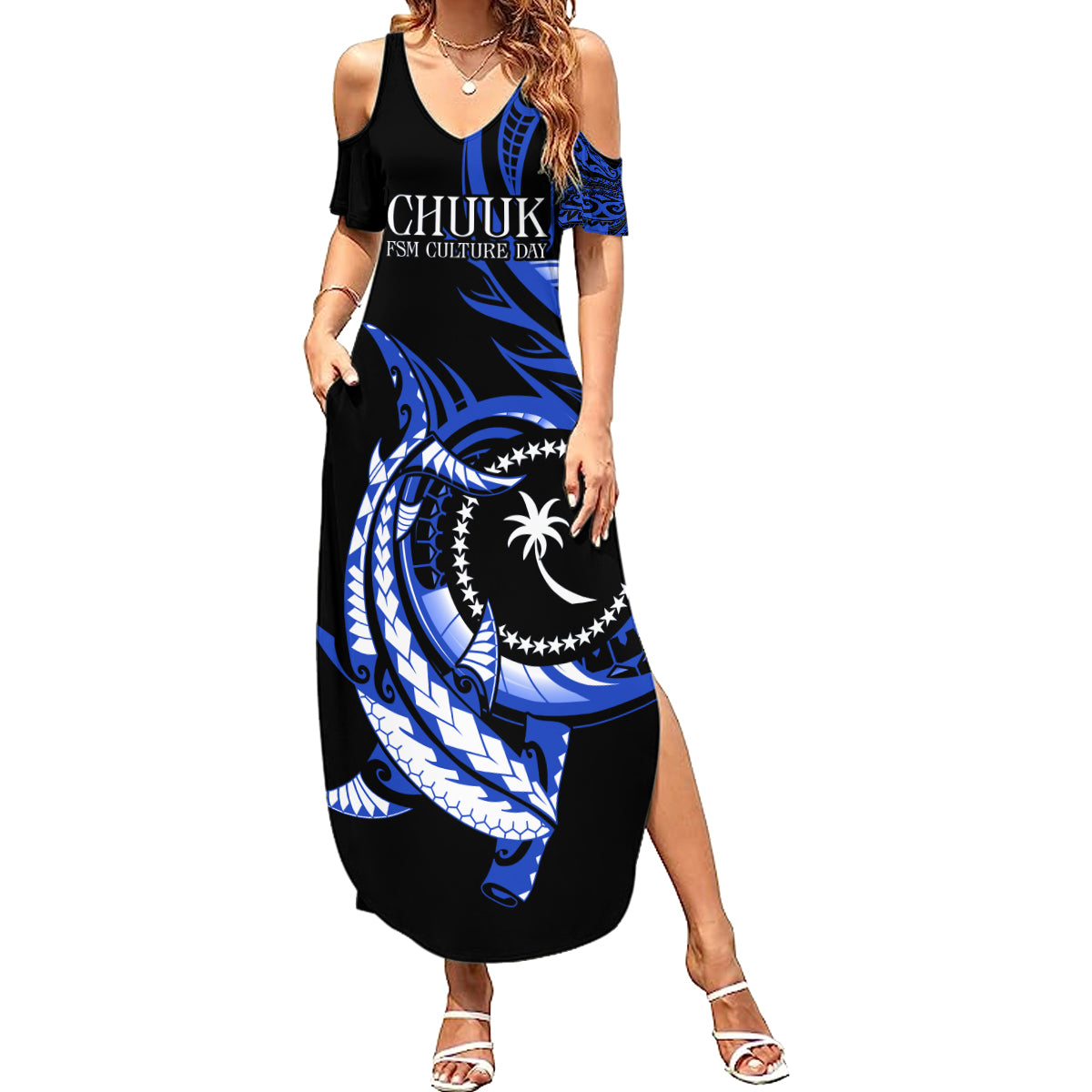 Personalised Chuuk FSM Culture Day Family Matching Summer Maxi Dress and Hawaiian Shirt Hammerhead Shark Tattoo 2024 LT9 Mom's Dress Blue - Polynesian Pride