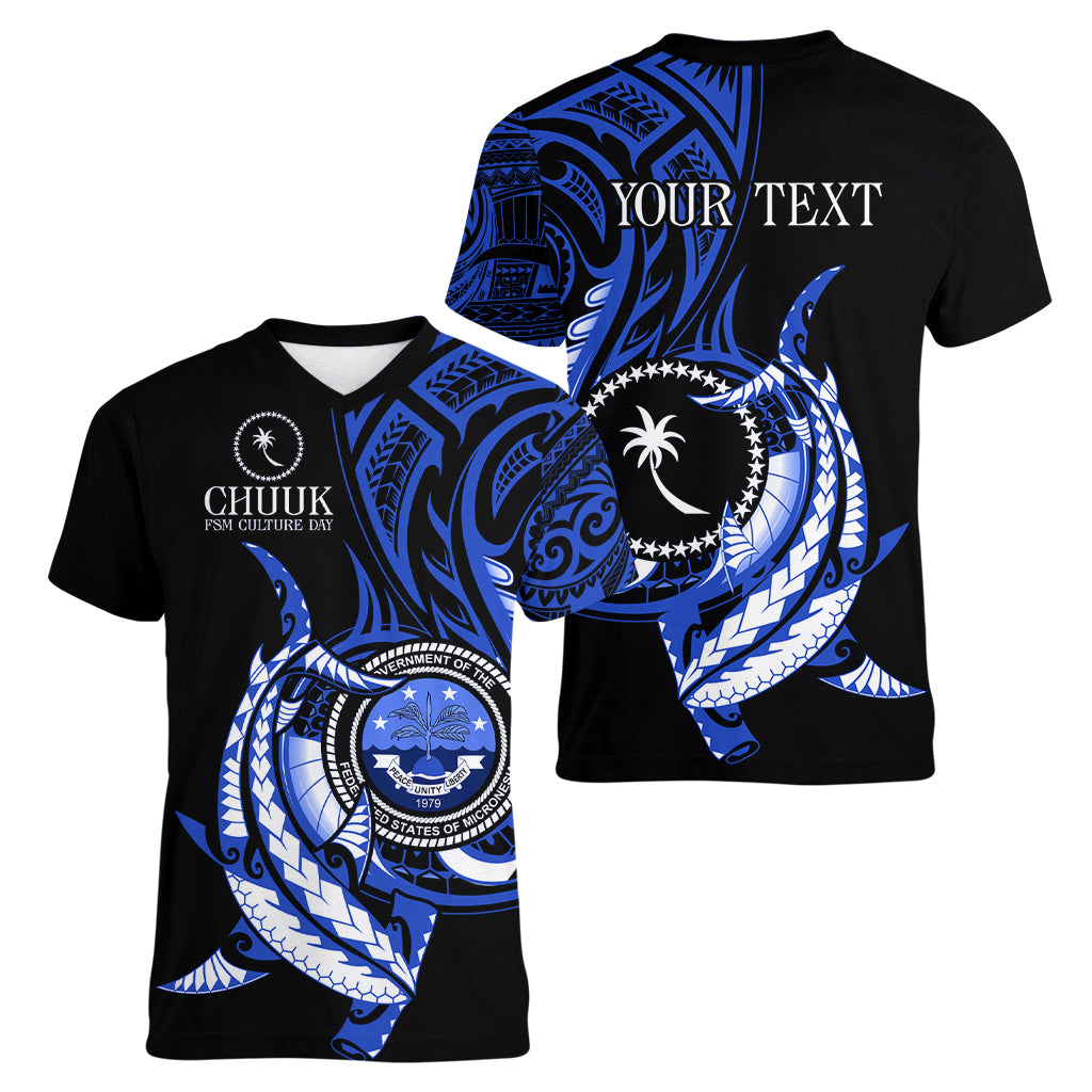 Personalised Chuuk FSM Culture Day Women V Neck T Shirt Hammerhead Shark Tattoo 2024 LT9 - Polynesian Pride