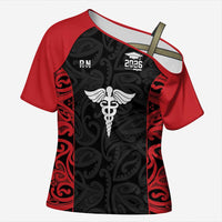 New Zealand Nurse RN 2026 Personalised Cross Shoulder Shirt Red Maori Pattern Cultural Pride
