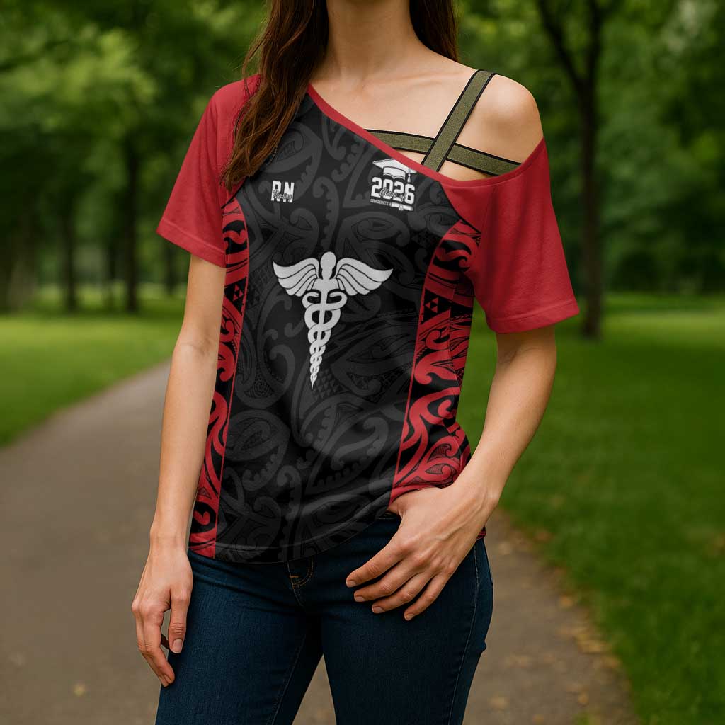 New Zealand Nurse RN 2026 Personalised Cross Shoulder Shirt Red Maori Pattern Cultural Pride