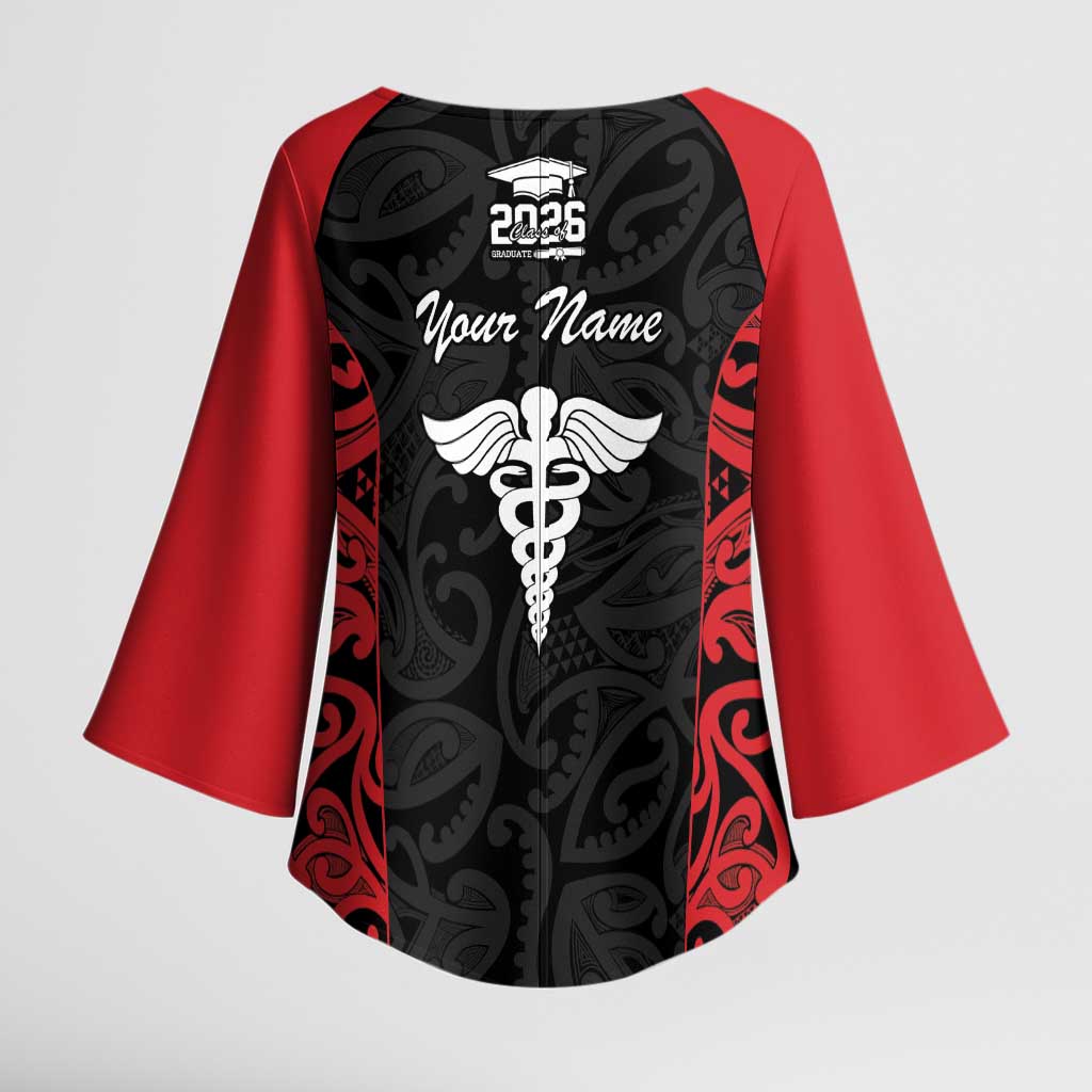 New Zealand Nurse RN 2026 Personalised Kimono Sleeve Blouse Red Maori Pattern Cultural Pride