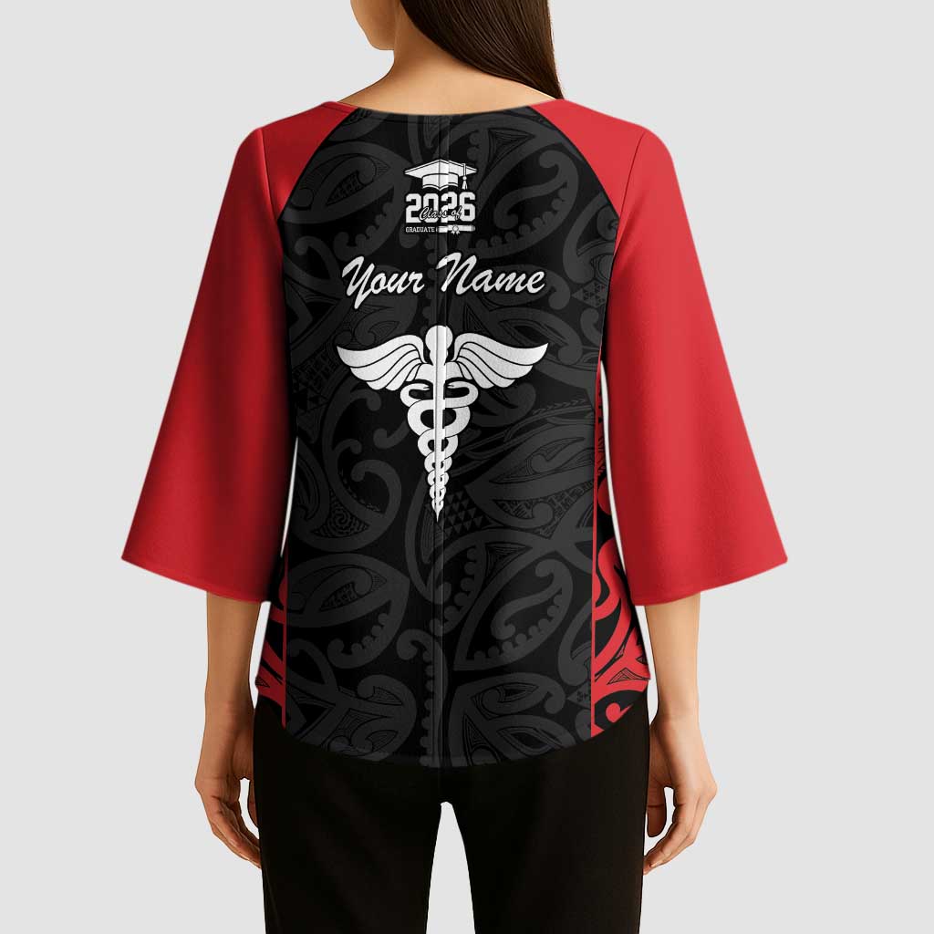 New Zealand Nurse RN 2026 Personalised Kimono Sleeve Blouse Red Maori Pattern Cultural Pride