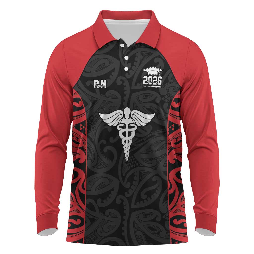 New Zealand Nurse RN 2026 Personalised Long Sleeve Polo Shirt Red Maori Pattern Cultural Pride LT9 Red - Polynesian Pride