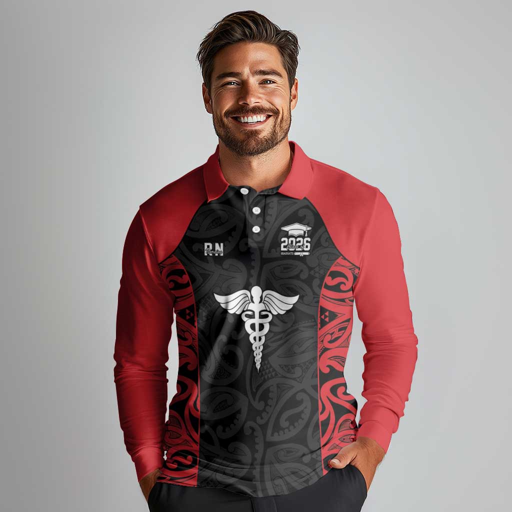 New Zealand Nurse RN 2026 Personalised Long Sleeve Polo Shirt Red Maori Pattern Cultural Pride LT9 - Polynesian Pride