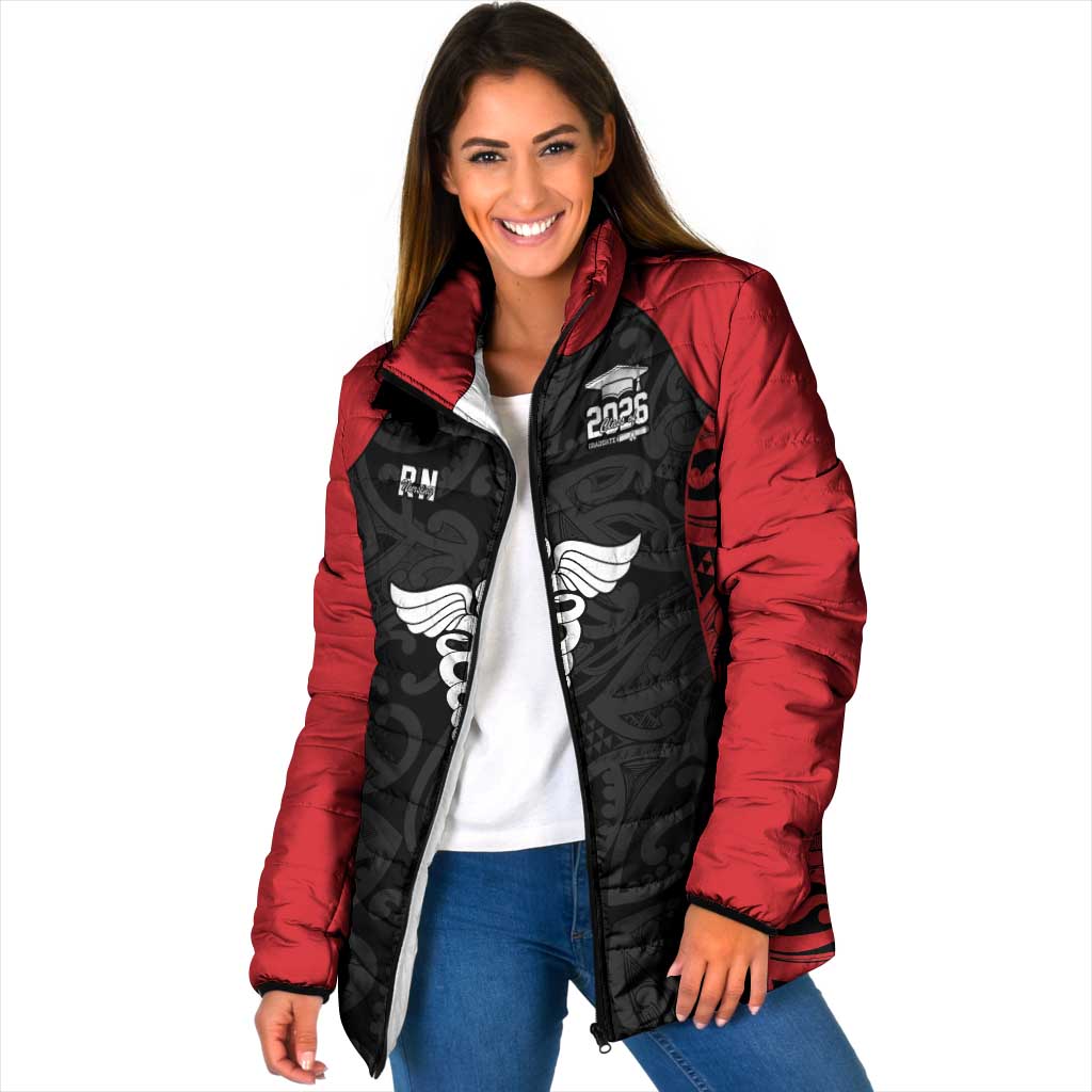 New Zealand Nurse RN 2026 Personalised Padded Jacket Red Maori Pattern Cultural Pride