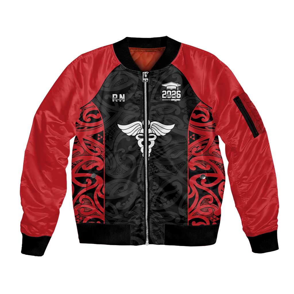 New Zealand Nurse RN 2026 Personalised Sleeve Zip Bomber Jacket Red Maori Pattern Cultural Pride LT9 Unisex Red - Polynesian Pride