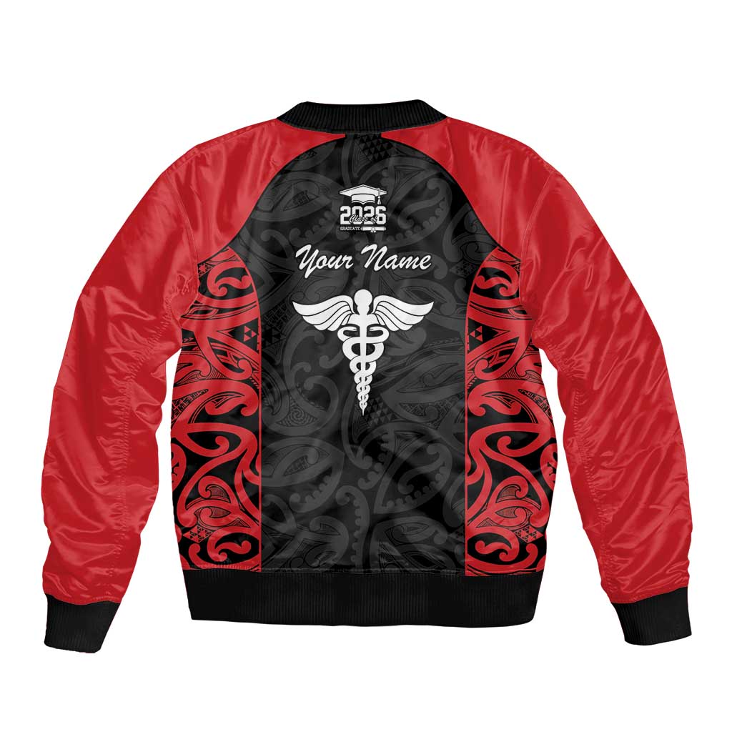 New Zealand Nurse RN 2026 Personalised Sleeve Zip Bomber Jacket Red Maori Pattern Cultural Pride LT9 - Polynesian Pride