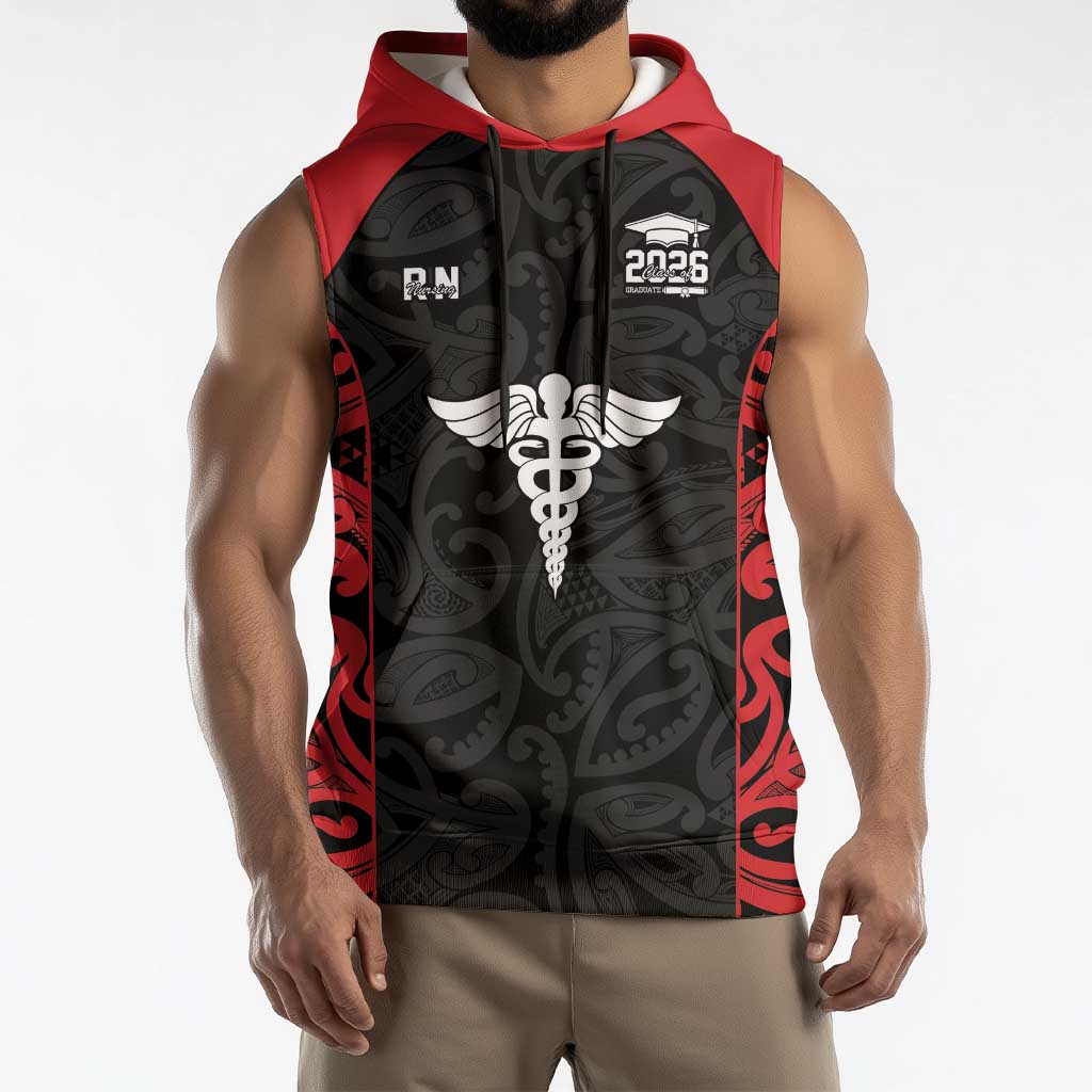 New Zealand Nurse RN 2026 Personalised Sleeveless Hoodie Red Maori Pattern Cultural Pride LT9 - Polynesian Pride